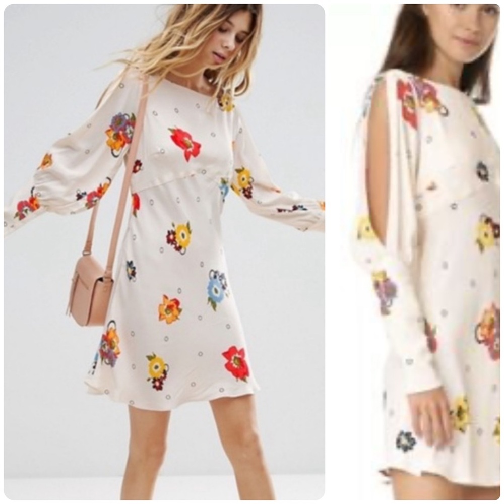 Free People ivory "Sunshadow" floral slit sleeve mini dress
